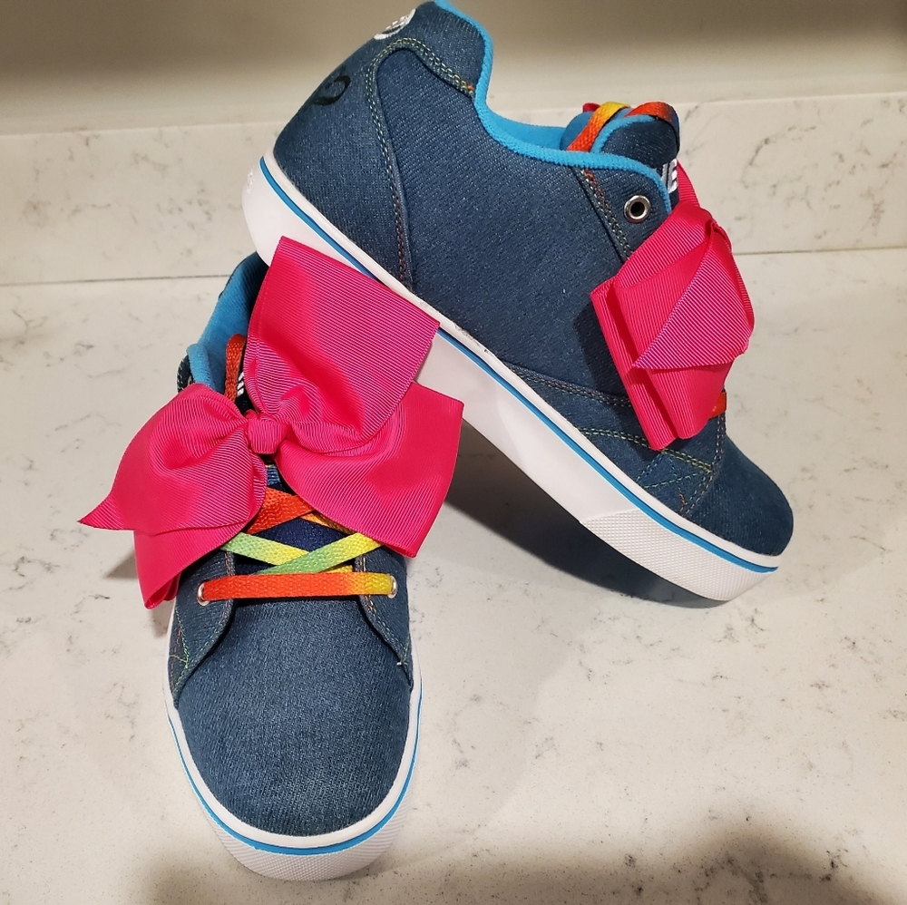 JOJO Siwa Heelys Blue Denim Sneakers Youth Size 6 Girls Rainbow Laces Shoes